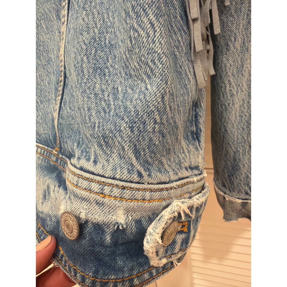 Free People Blue Fringe Jean Jacket - Picture 7 of 8
